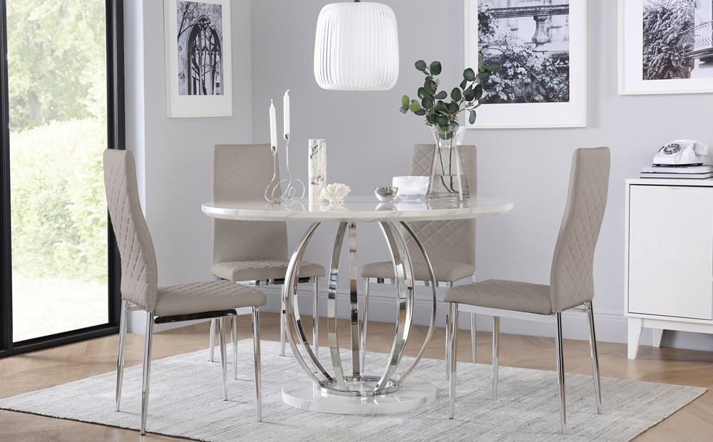 Savoy Round White Marble And Chrome Dining Table With 4 Renzo Taupe Chairs Furniture Choice Leather Chair Savoy Round White Marble And Chrome, Stone Round Dining Table Set