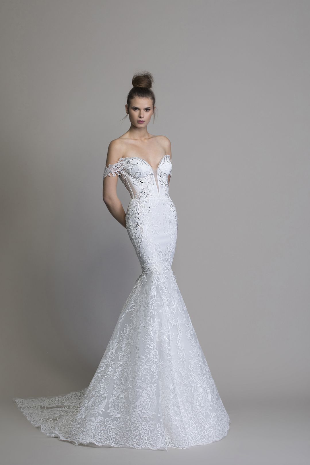 Off The Shoulder Guipure Lace Mermaid Wedding Dress With Crystal
