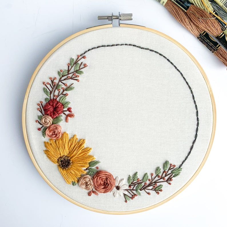 PDF Sunflower Wreath Hoop Floral Pattern Embroidery | Etsy Hand Embroidery Projects, Floral Embroidery Patterns, Embroidery Flowers Pattern, Embroidery Gifts, Hand Embroidery Stitches, Embroidery For Beginners, Hand Embroidery Designs, Floral Pattern, Hand Embroidery Patterns Free Printable