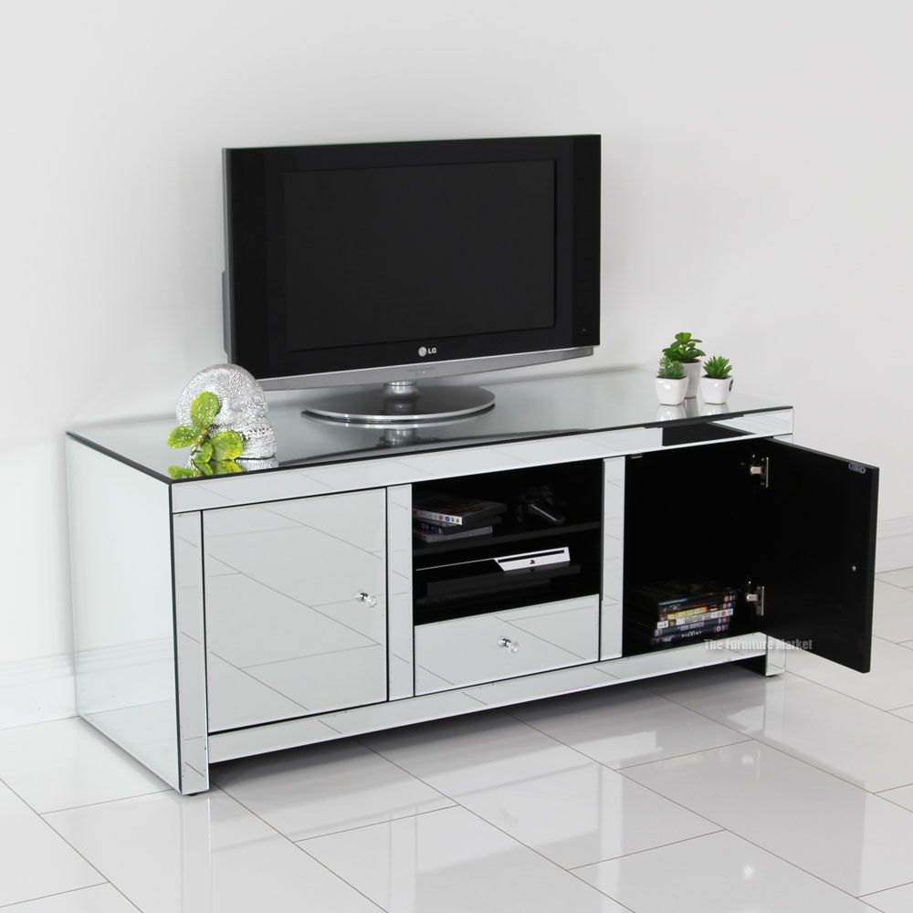 Gray Mirrored Tv Cabinet With Crystal Lamps Chic Living Room