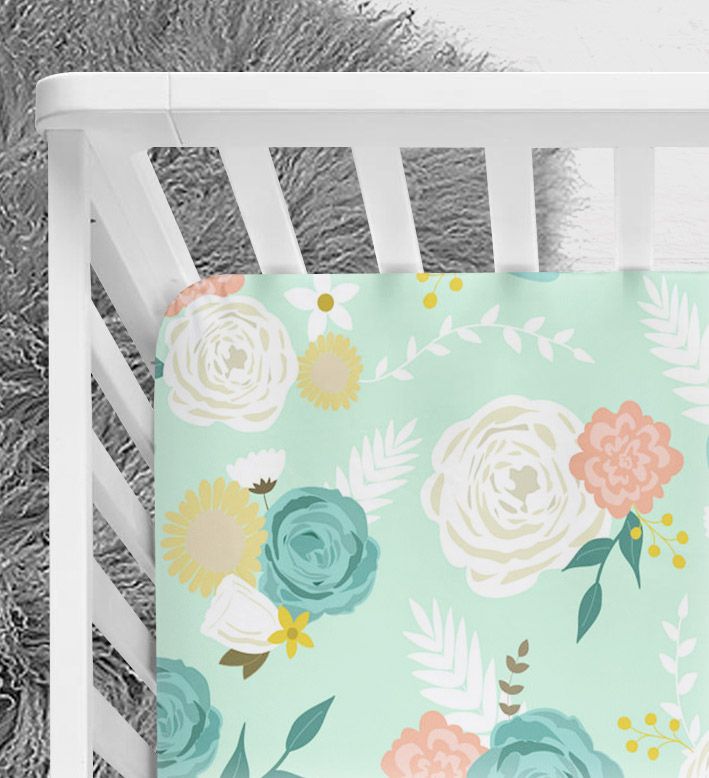 Handmade cotton crib sheet Flowers//Leaves,Gray//Coral Or Turquoise//green
