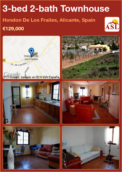 3-bed 2-bath Townhouse in Hondon De Los Frailes, Alicante, Spain ►€129,000 #PropertyForSaleInSpain Window Bars, Separate Kitchen, Covered Walkway, Villa, Alicante Spain, Wooden Sheds, Wooden Beams, Family Bathroom, Local Restaurant