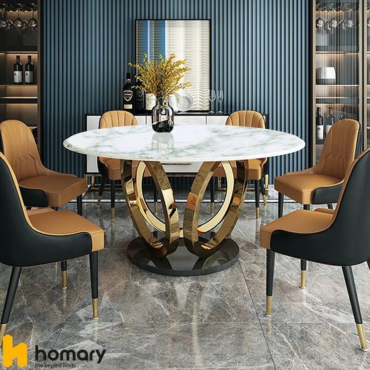 Modern 53 Round White Dining Table For 6 Person Faux Marble Top Gold Black Pedestal Homary Contemporary Sets Circular Modern 53 Round White Dining Table For, Modern Circle Dining Table And Chairs