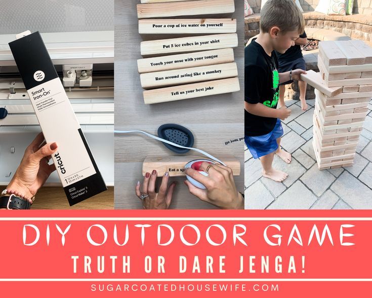 DIY OUTDOOR GAME- TRUTH OR DARE JENGA! #AD CREATE YOUR VERY OWN FAMILY - FRIENDLY VERSION OF JENGA WITH A TRUTH OR DARE TWIST. USE YOUR CIRCUT MACHINE TO CUSTOMIZE EACH BLOCK. GET THE FULL STEP BY STEP TUTORIAL AT SUGARCOATEDHOUSEWIFE.COM #CRICUTMADE Fun Outdoor Games, Diy Outdoor, Truth Or Dare Jenga, Iron On Cricut, Giant Jenga, Run Around, Dares, Troops, Giants