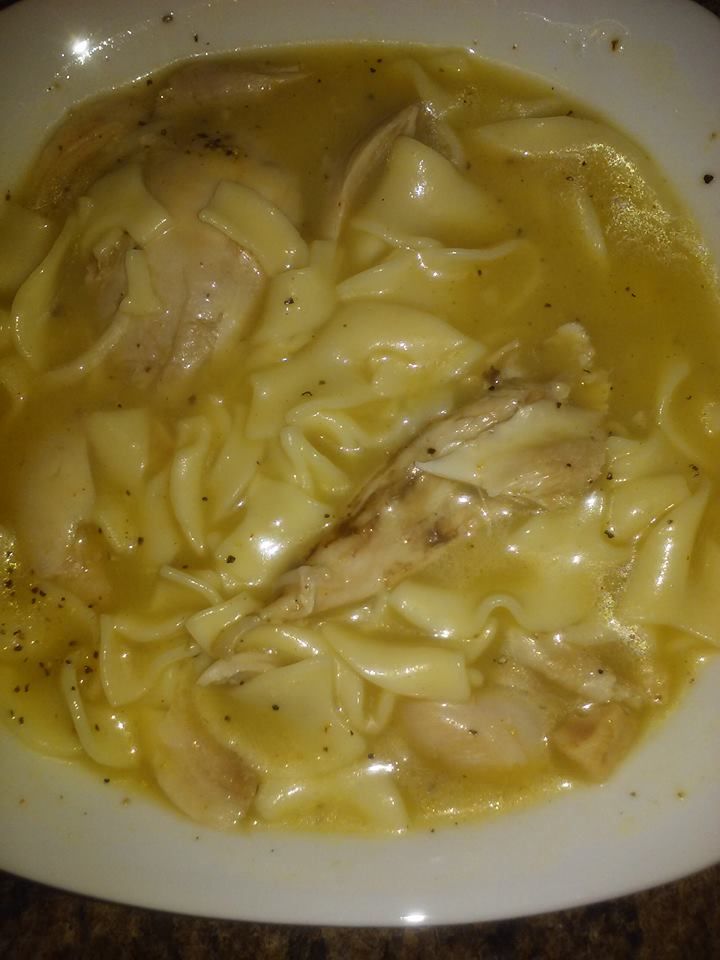 boiled chicken legs and egg noodles