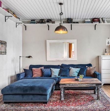 Blå mammuten sammetssoffa. modul, soffa, låg, djup, divan, hörn ...