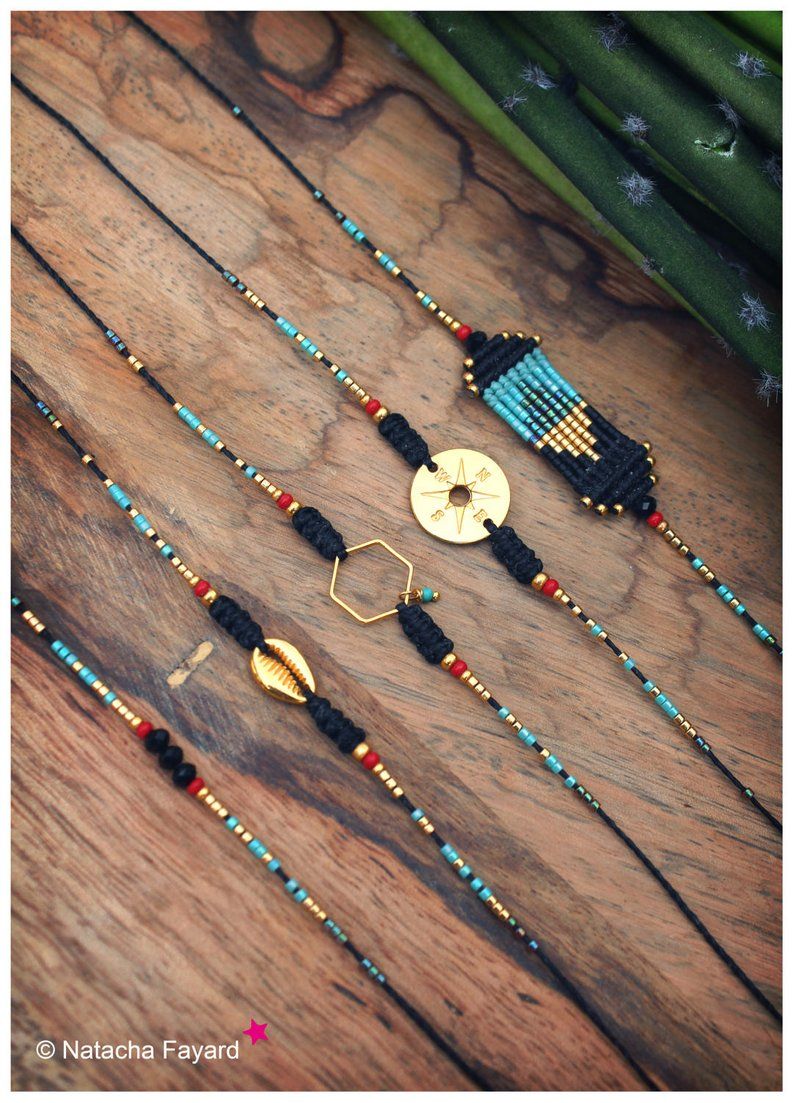 Hand woven macrame friendship bracelets black coral red and turquoise with gold hexagon cowrie or compass #macrame