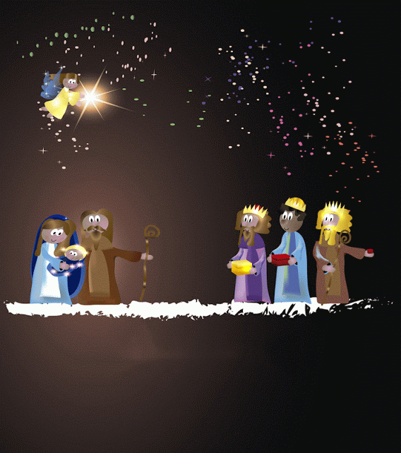 Los Tres Reyes Magos Con José Y María Y Angel En Fondo Estrellado The Wise Man Twinkle Gif 568 Feliz Dia De Reyes Dia De Los Reyes Magos Reyes Magos Animados