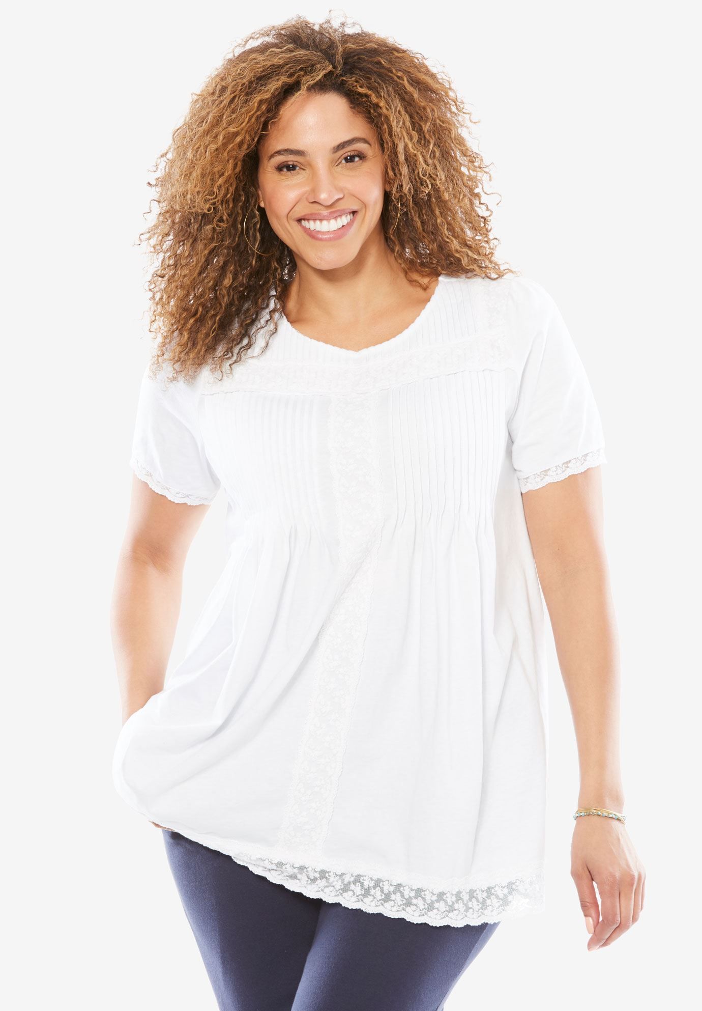 Plus Size Lace-trimmed cotton tunic | Womens tops dressy, Women, Cotton ...