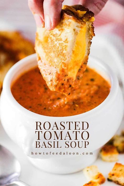 If there was ever a soup that could be crowned the king (or queen) of comfort soups, this Roasted Tomato Basil Soup would be in contention. Hands down one of the best soups we've ever had. Grilled cheese was made for this soup! Get the complete recipe with ALL-NEW VIDEO on the blog! Tasty Vegetarian Recipes, Veggie Recipes, Healthy Recipes, Winter Soup Recipes Healthy, Autumn Food Recipes, Health Soup Recipes, Best Food Recipes, Fall Cooking Recipes, Comfort Food Recipes