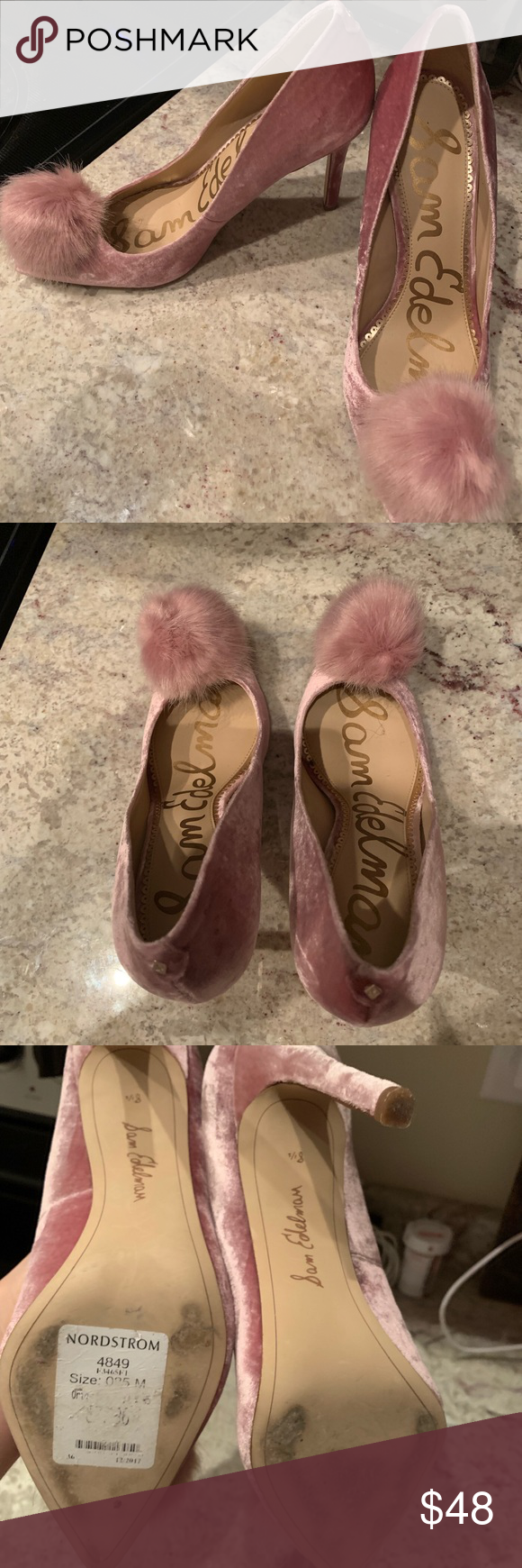 pink velvet heels with pearls