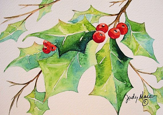 Hand painted wooden Christmas postcard holly