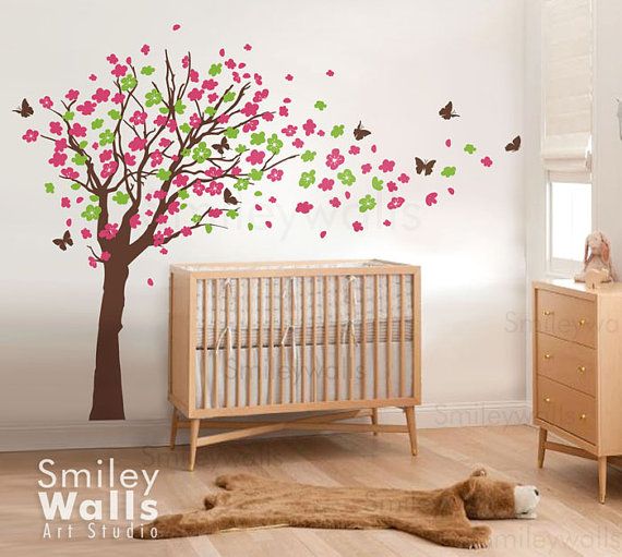 Cherry Blossom Flowers Tree and Butterflies Wall Decal for Nursery Kids Room Art
