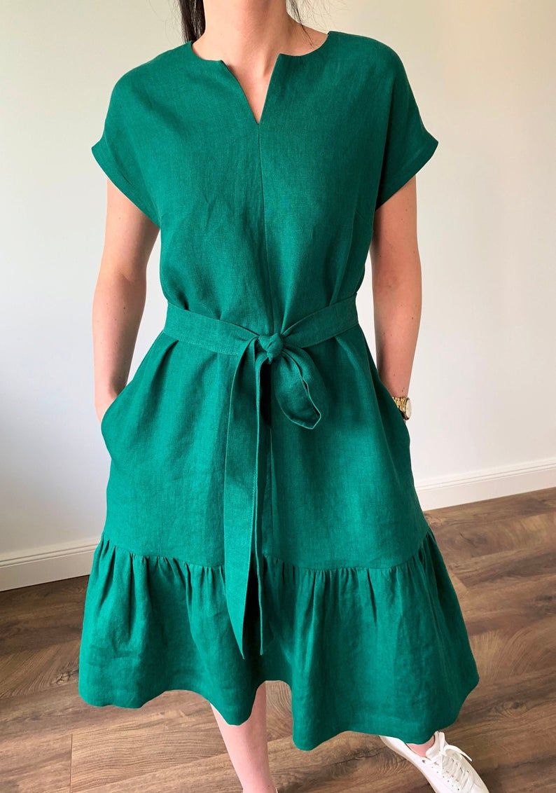 green linen shift dress