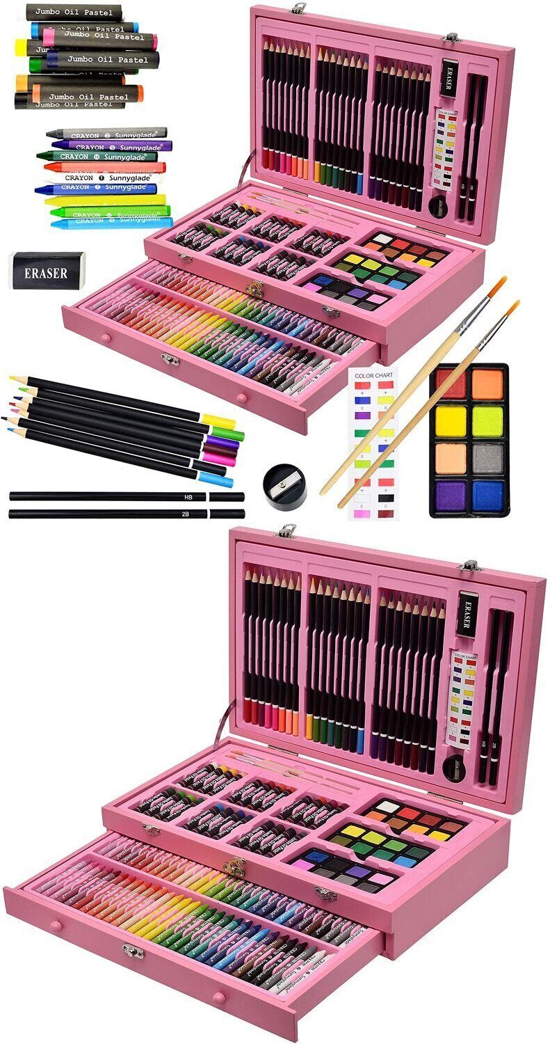 Sunnyglade 145 Piece Deluxe Art Set, Wooden Art Box & Drawing Kit with  Crayons, Oil Pastels, Colored Pencils, Watercolor Cakes, Sketch Pencils,  Paint Brush, Sha…