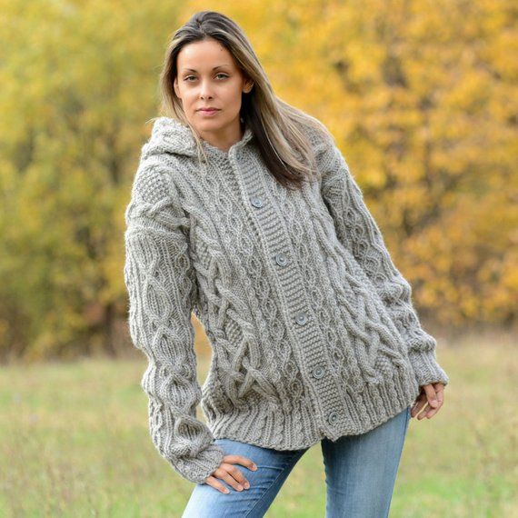 Hand Knitted Boutique Wool Coat Cardigan Light Gray Sweater Hand Knitted Boutique Wool Coat Cardigan Light Gray Sweater