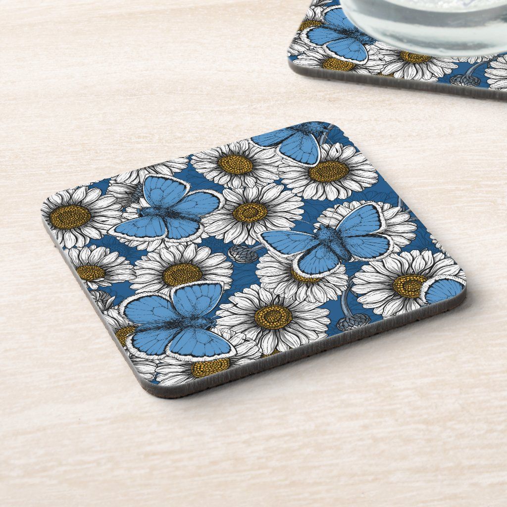 Common blue butterflies and daisy flowers Beverage Coaster Gender: unisex. Age Group: adult. Common Blue Butterfly, Daisy Flowers, Drink Coasters, Beverage, Butterflies, Free Design, Gender, Tool Design, Clutch