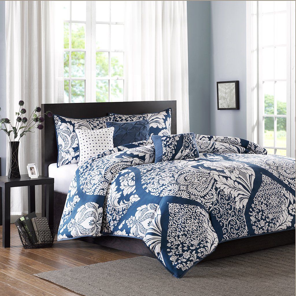 Madison Park Vienna Duvet Cover King/Cal King Size Indigo Blue Damask