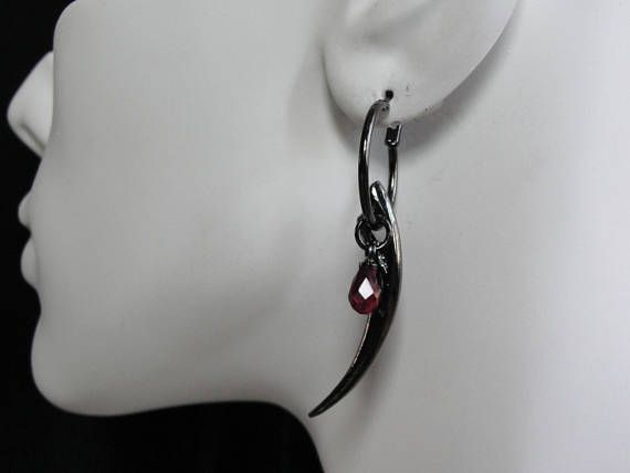 Gothic Jewelry Fang Earrings Red Stone Hoop Fangs Gothic Jewelry Fang Earrings Red Stone Hoop Fangs Twilight Goth With Long Black And Drop Of
