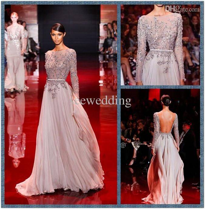 2017 Elie Saab Long Sleeve Evening Gowns Sheer Bateau Neckline Bridesmaid Dress 1 Whole Evening Dresses 2017 Elie Saab Gowns Beaded Liques Long Sleeves Bateau Neckline Tulle Chiffon