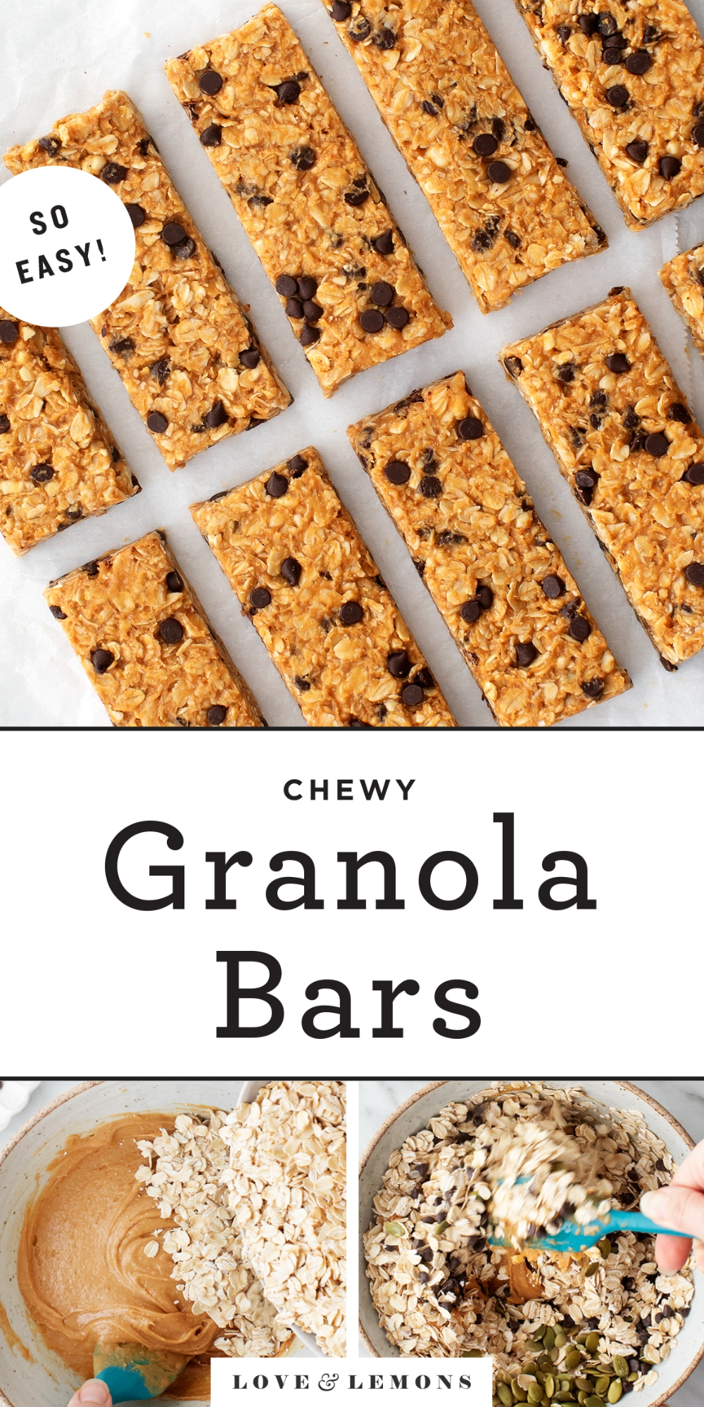 1 cup very smooth creamy natural peanut butter or cashew butter Best Granola Bars, Chocolate Chip Granola Bars, Chewy Granola Bars, Mini Chocolate Chips, No Bake Granola Bars, Homemade Snacks, Healthy Homemade Granola Bars, Homemade Cereal Bars, Homemade Granola Recipe