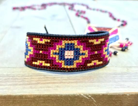 Maroon Navy Gold and Pink Southwestern Style Loom Beaded Bracelet, beaded friendship bracelet, gift for her, boho bracelet
