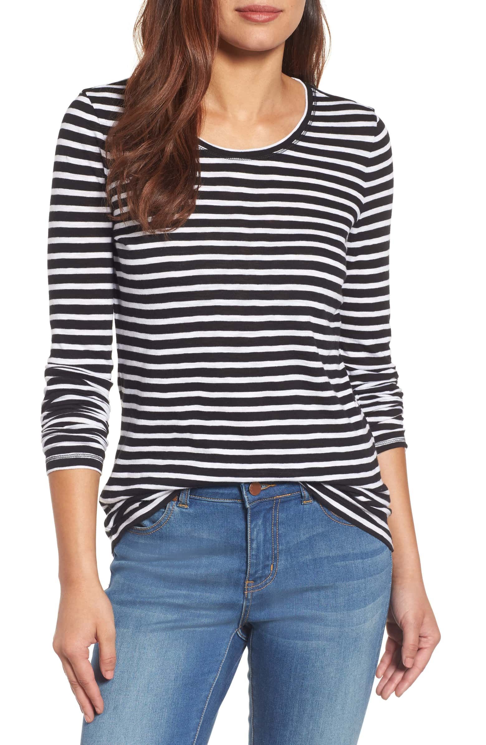 Long Sleeve Crewneck Tee, Main, color, BLACK- WHITE STRIPE | Long sleeve, Womens tops, Sleeves