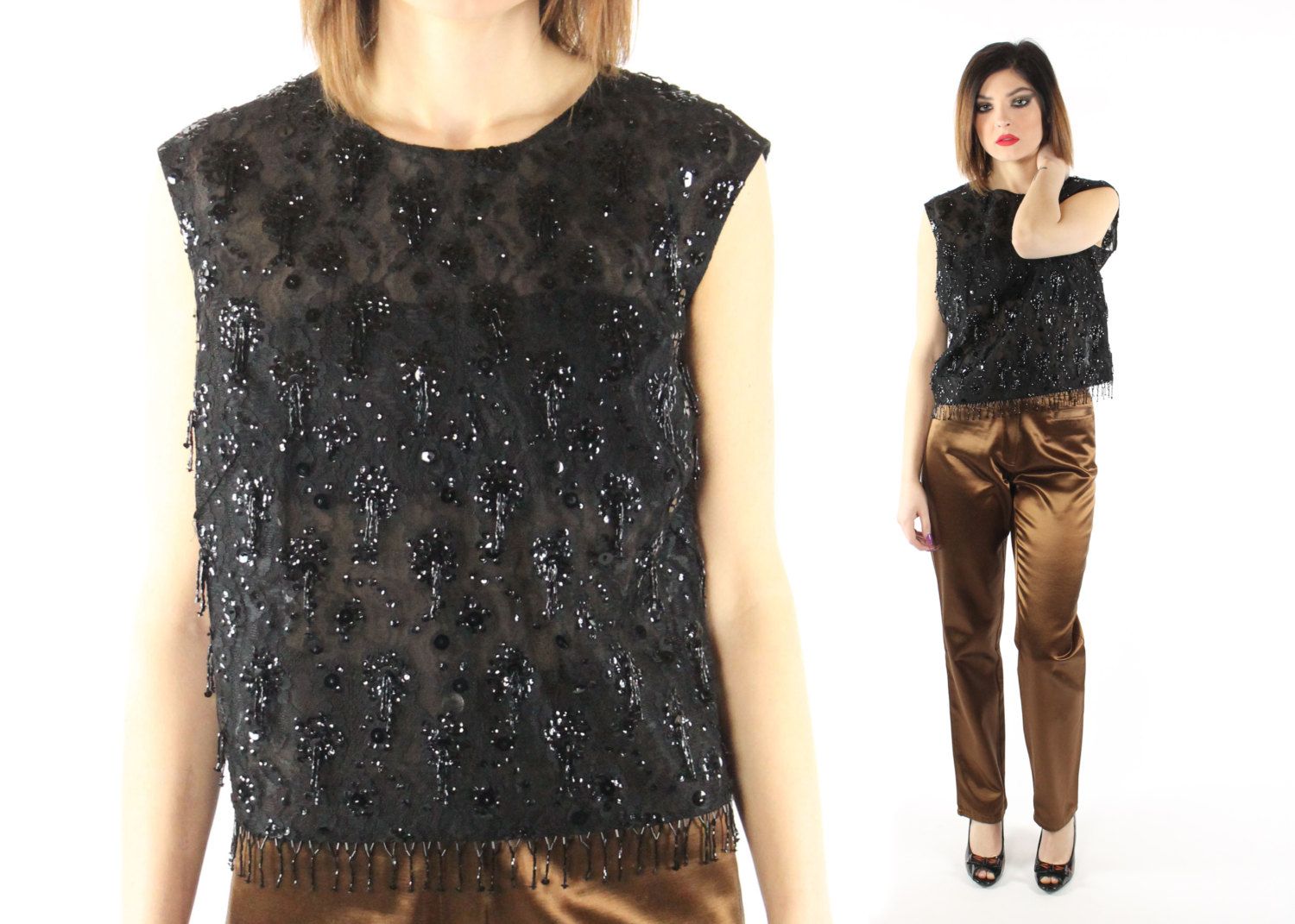 80s vintage evening brown sleeveless blouse with pattern Size M
