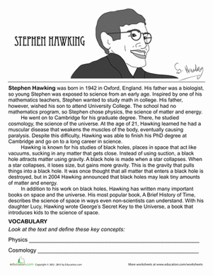 Stephen Hawking Biography Worksheet Education Com Stephen Hawking Science Worksheets Earth Science Lessons