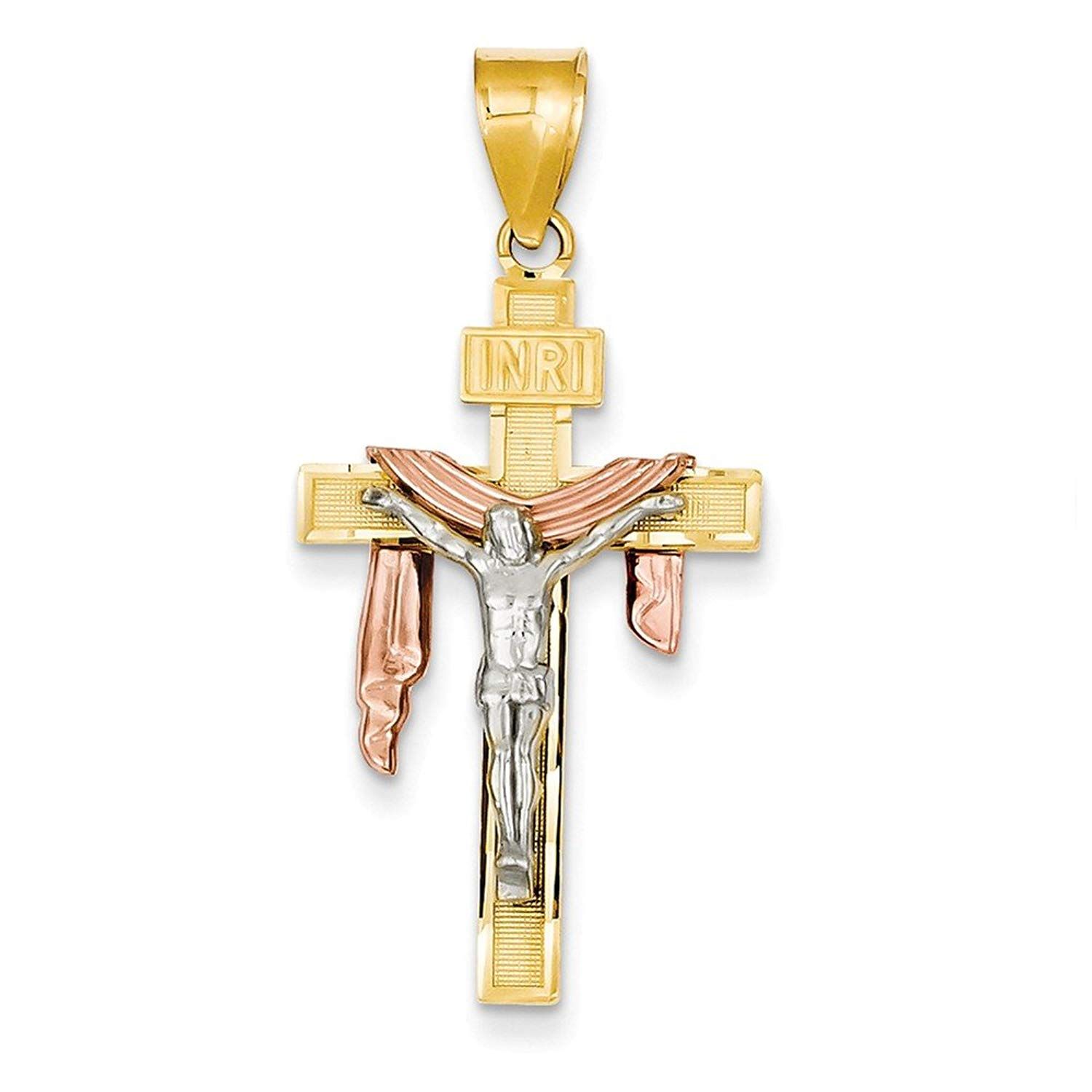 14K Rose /& Yellow Gold Tricolor Religious Cross Charm Pendant Necklace
