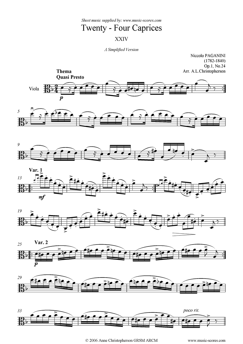 op 1 caprice no 24 viola sheet music by niccolo paganini viola paganini 24 caprices sheet music