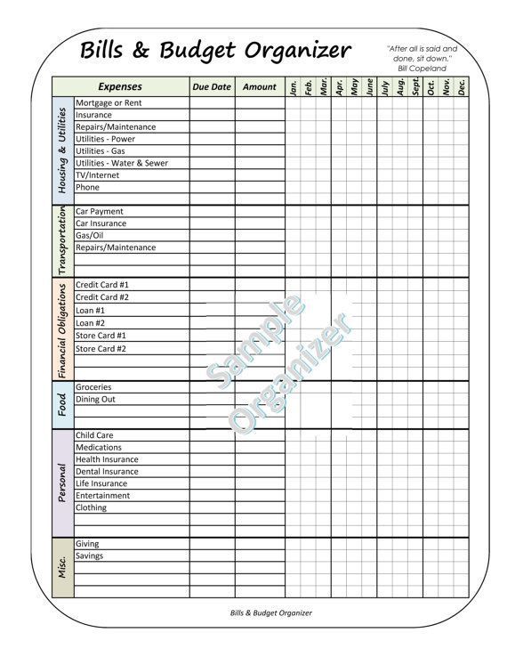 Bills Budget Organizer Bill Payment Checklist Personal