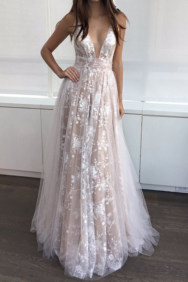 Open Back Lace Champagne Evening Gowns V-Neck A-line Beaded Long Prom Dresses Open Back Lace Champagne Evening Gowns V-Neck A-line Beaded Long Prom Dresses