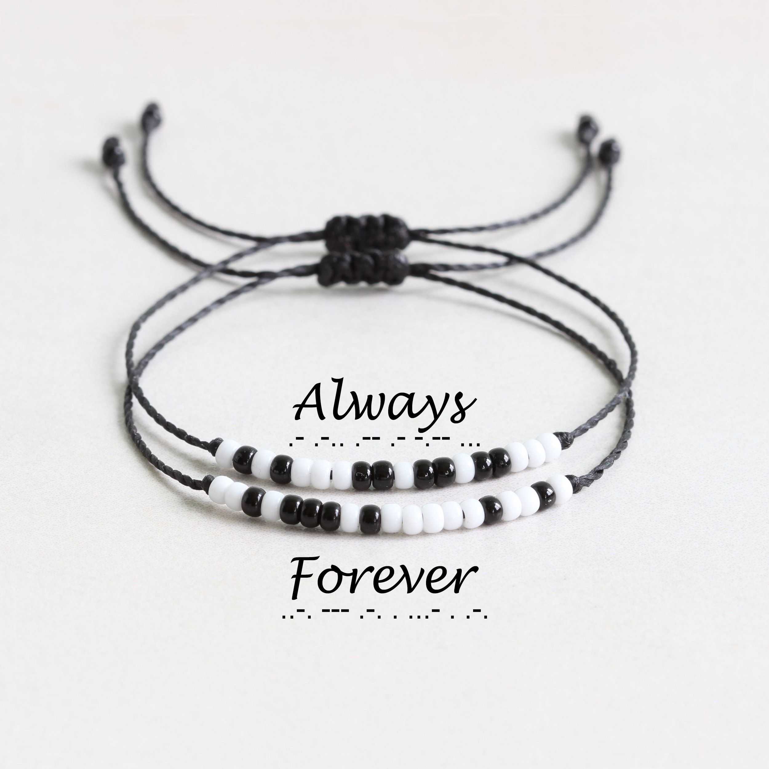 SET of 2 Morse code secret message couple bracelets, one ''ALWAYS'' and one ''FOREVER''. ✦ Meaningful gift for each other, anniversary or just because ✦ 3mm Japanese glass seed beads ✦ White beads represent dots, black dash ✦ Adjustable up to approx 9 3/4 inches (25cm) with sliding knot ✦ Each bracelet comes with printed card ♥ Find more couple bracelets: https://www.etsy.com/shop/ANINAjewelry?section_id=22038588 Thank you for stopping by :) Cute Gifts For Friends, Cute Couple Gifts, Girlfriend Gifts, Boyfriend Gifts, Homemade Gifts For Girlfriend, Matching Couple Bracelets, Matching Couples, Cute Friendship Bracelets, Friendship Bracelet Patterns