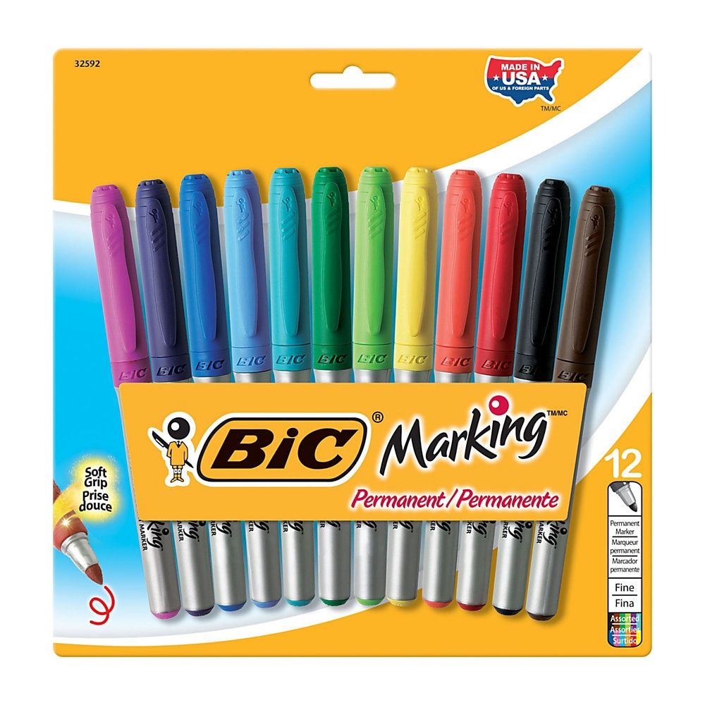 New Bic Marking Permanent Fine Point Markers Assorted Colors Soft Grip 12 pack
