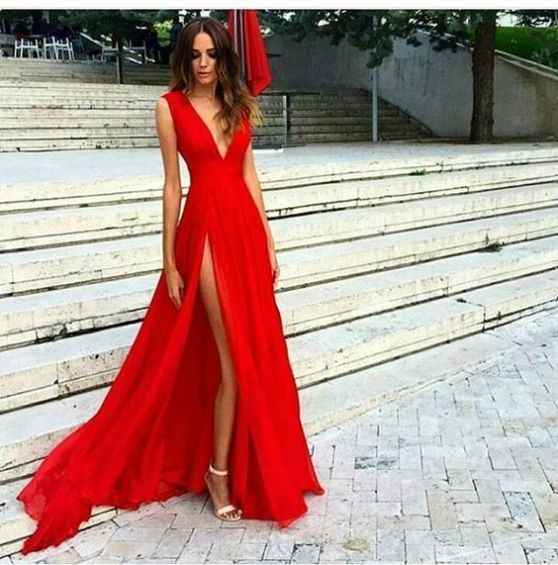 Red Deep V Prom Dress,Split Prom Dress,Custom Made Evening Dress,17242