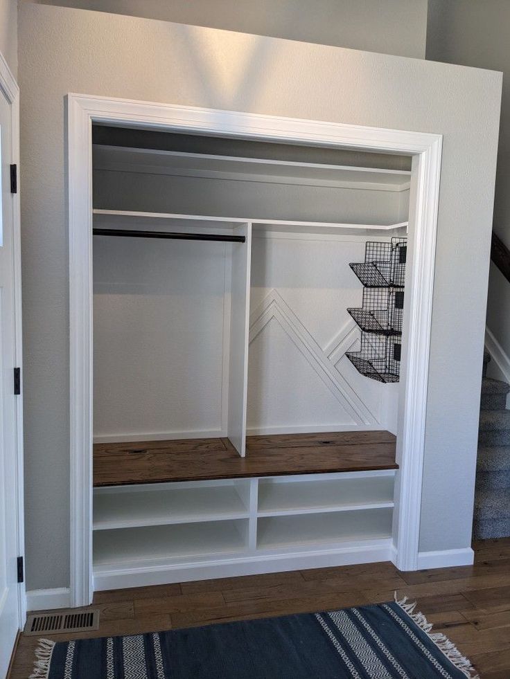 Front Hall Closet, Hallway Closet, Closet Bedroom, Entry Coat Rack Bench, Closet Mudroom Entryway, Hall Closet Organization, Closet Shoe Storage, Shoe Storage Basket, Coat And Shoe Storage