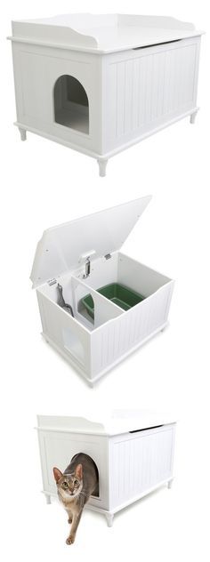 I don't have a cat but this may make me reconsider. Sunni has one with a hinge on the cat door for easy emptying Litter Box Enclosure, Cat Litter Box, Cats Meow, Cats And Kittens, Cat Door, Modern Cat, Cat Furniture, Diy Stuffed Animals, Cat House