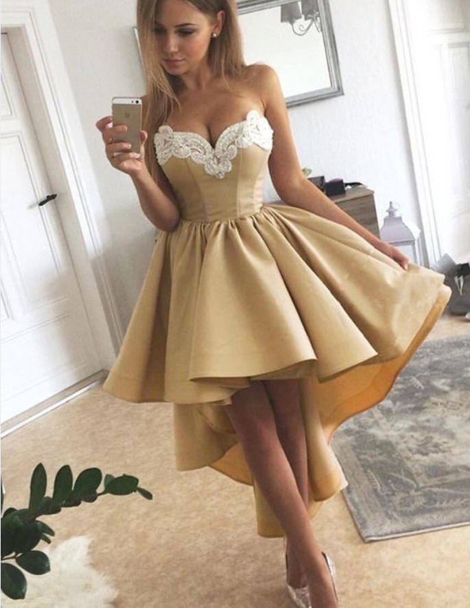 champagne prom dress, asymmetric prom dress, sweetheart prom dress, cute prom dress