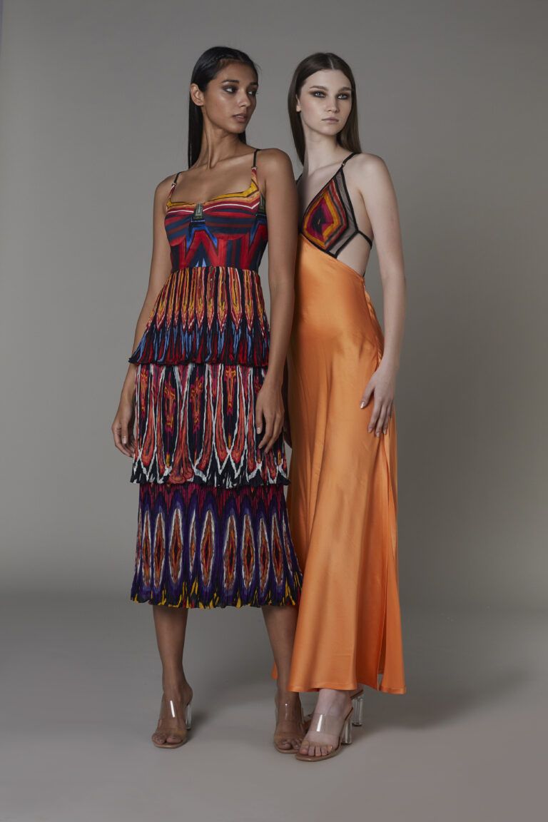 Luxe Boho meets City Chic | Saaksha x Kinni Quad Collection - Beauty News NYC - The First Online Beauty Magazine Boho Brand, Bodice Dress, Beauty Magazine, Satin Color, Diamond Print, Orange Dress, City Chic, Clothing Company, Dressed Down