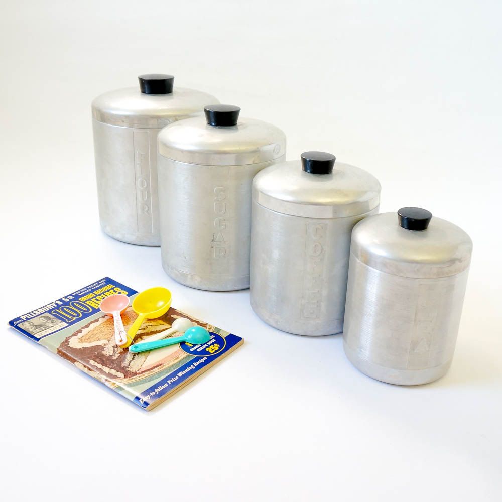 Vintage 1940s Brushed Aluminum Kitchen Canister Set Flour Sugar Vintage 1940s Brushed Aluminum Kitchen Canister Set Flour Sugar Coffee Tea