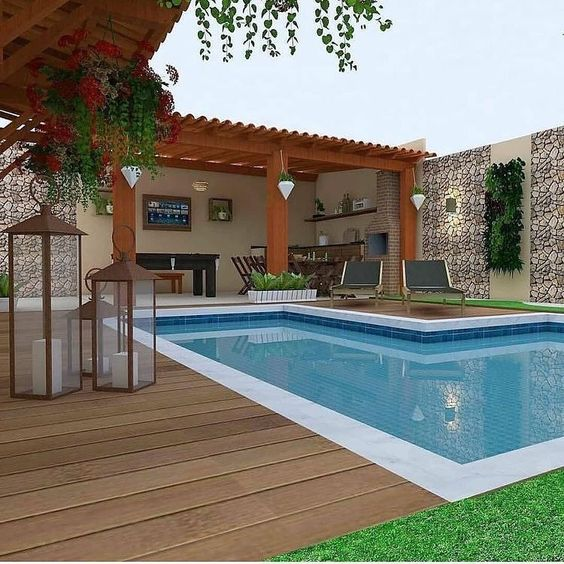 Área de Lazer com Piscina: +75 Fotos para se Inspirar em 2020 Backyard Pool Designs, Swimming Pools Backyard, Small Backyard Pools, Swimming Pool Designs, Backyard Ideas, Home Design Decor, House Design, Small Pool Design, Model House Plan