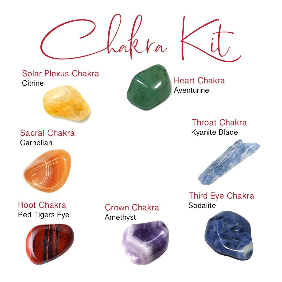 Chakra Crystal healing kits | Citrine, Aventurine, Kyanite, Sodalite, Amethyst, Red Tigers Eye, Carnelian Chakra Kit, Root Chakra, Chakra Healing, Crystals And Gemstones, Stones And Crystals, Natural Gemstones, Crystal Meanings, Crystals And Their Meanings, Red Tigers Eye