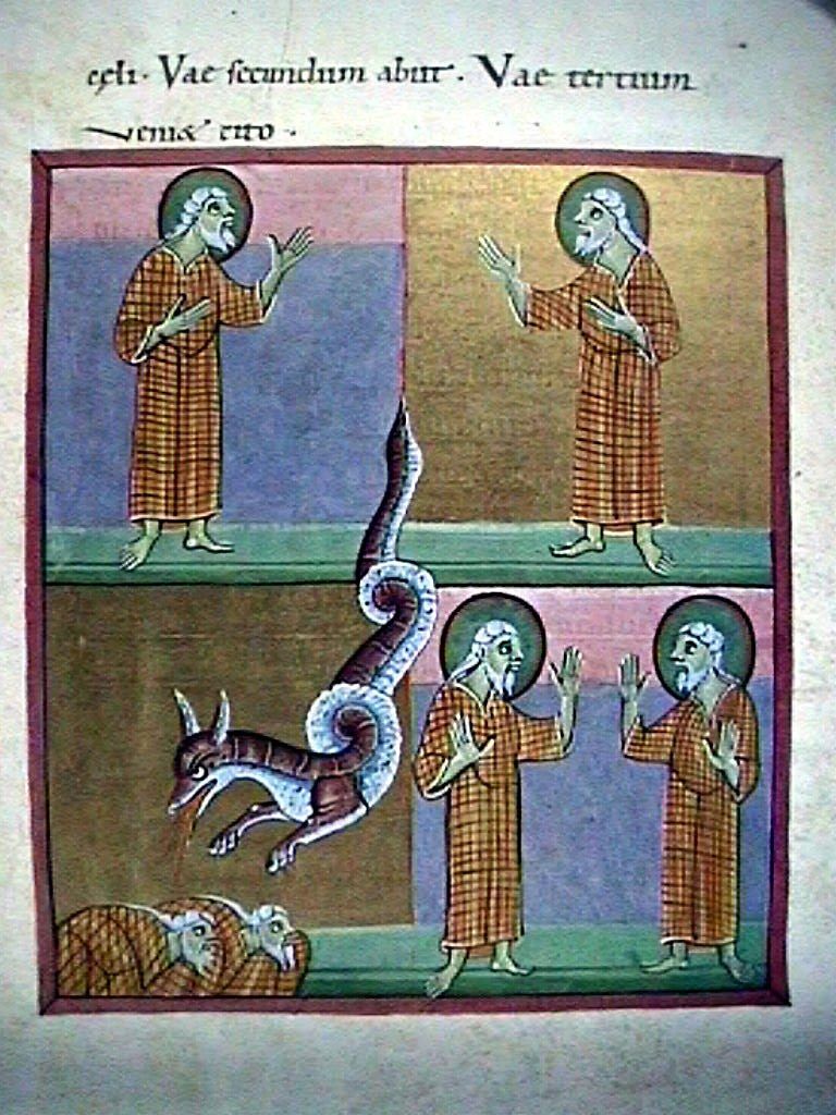 The two witnesses, as depicted in the Bamberg Apocalypse, an 11th-century illuminated manuscript.