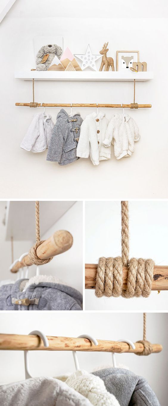 Photo of Shelf hack using thick brown rope lashed onto a rustic wooden pole to create a clothes rail. Works great in a scandi, woodland, ethnic room d… | Kids room, Baby bedroom, Baby room