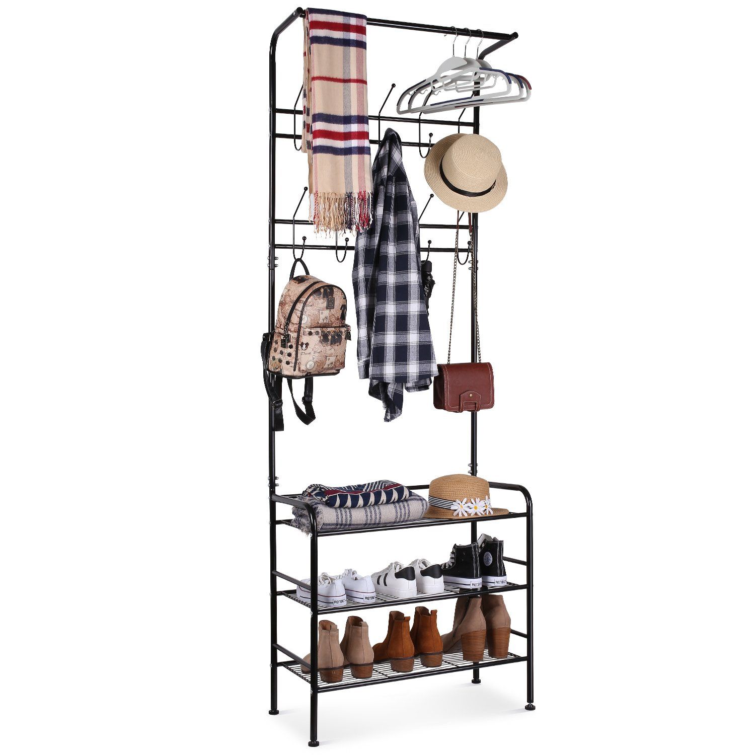 Homfa Metal Entryway Coat Shoe Rack 3-Tier Shoe Bench with Coat Hat Umbrella Rack Black 18 Hooks Homfa Metal Entryway Coat Shoe Rack 3-Tier Shoe Bench with Coat Hat Umbrella Rack Black 18 Hooks