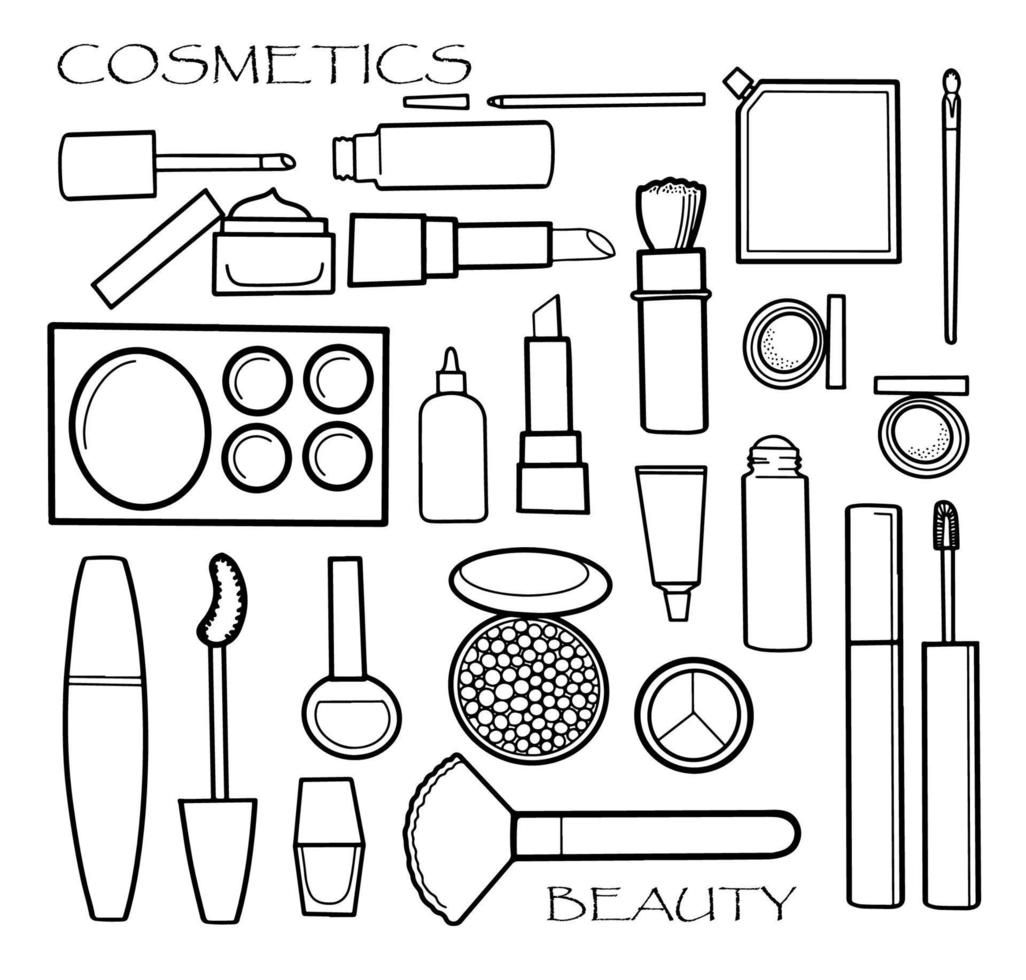 Download Black And White Cosmetics And Makeup Set In Line Art Style Download Black And White Cosmetics And Makeup Set In Line Art Style