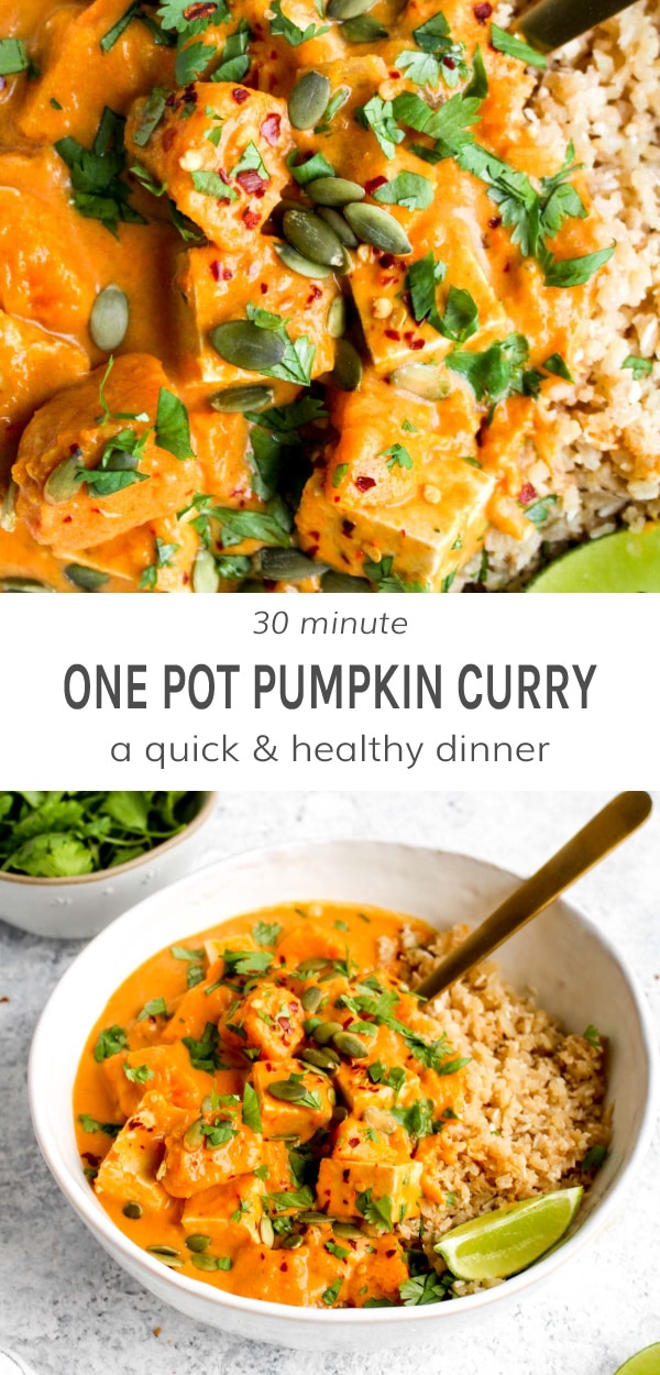 One Pot Pumpkin Curry - a simple 30 minute dinner recipe that is full of flavor! Sweet pumpkin simmers in a fragrant red curry sauce with tofu or your protein of choice. #redcurryrecipe #pumpkinrecipe #pumpkincurry #pumpkincurryrecipe #glutenfreerecipe #veganrecipe #tofucurry | DarnGoodVeggies.com Red Curry Recipe, Red Curry Sauce, Curry Recipes, Vegetarian Recipes, Cooking Recipes, Healthy Recipes, Pumpkin Curry, Pumpkin Spice Latte, Pumpkin Recipes Dinner
