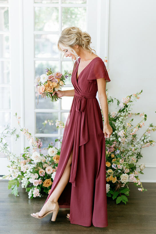 Bridesmaid Dresses With Sleeves, Bridesmaid Dress Colors, Wedding Bridesmaid Dresses, Wrap Dresses, Wrap Wedding Dress, Bridesmaids Colors Fall, Gown Wedding, Mulberry Bridesmaid Dresses, Bridesmaids Dress Inspiration