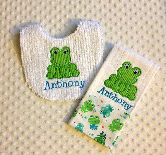 Personalized Handmade Baby Green Frog Applique Bib and Burp Cloth Set